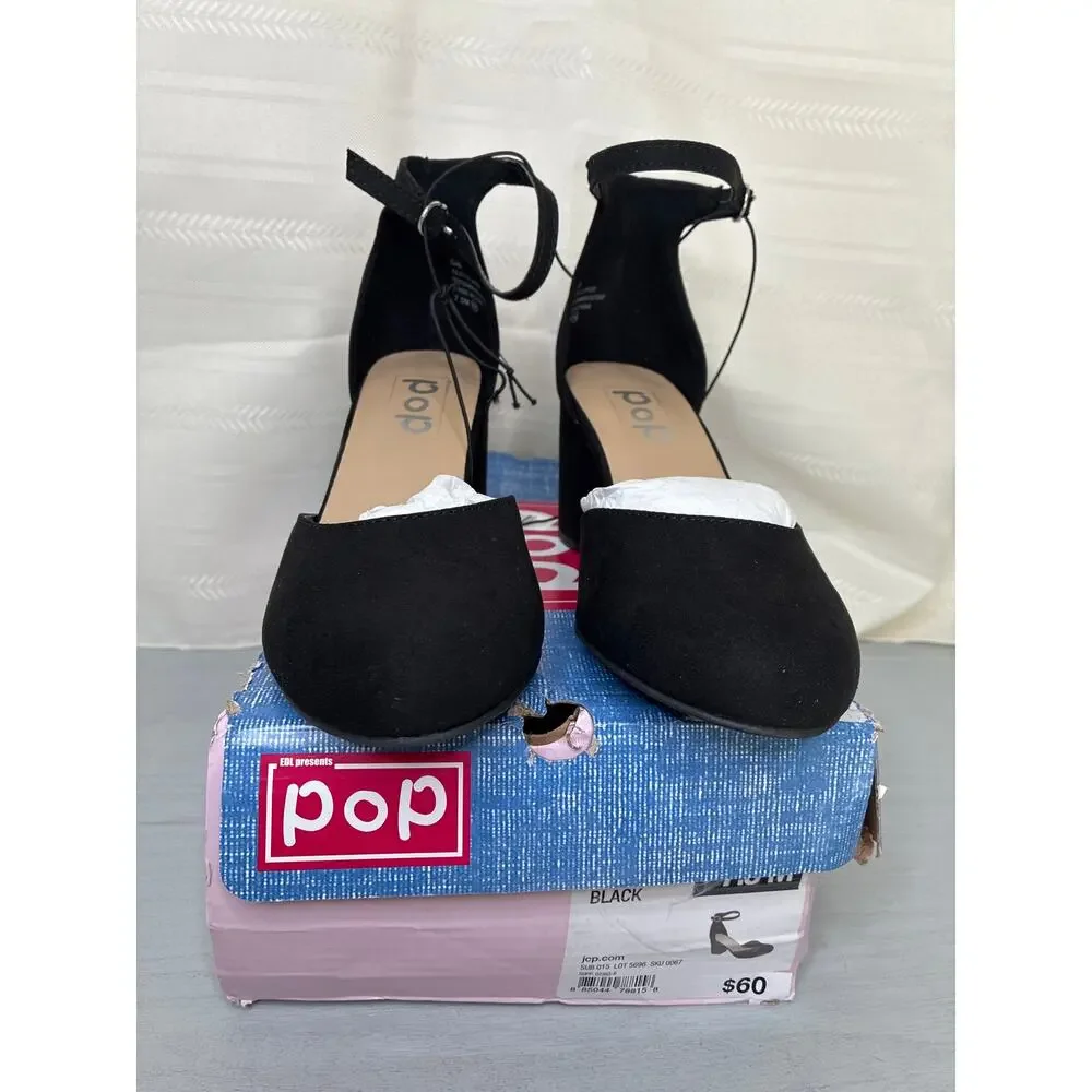 POP Gal Block Heel Pumps Black Womens Size 7.5M Ankle Strap
